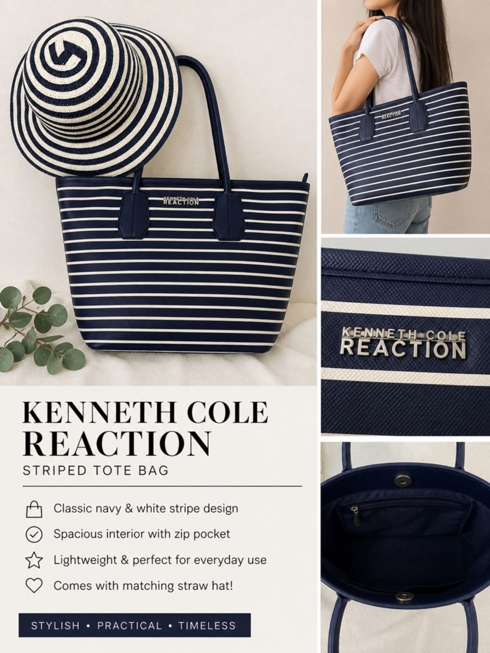 Kenneth Cole Reaction Navy and White Striped Tote Bag and matching hat.